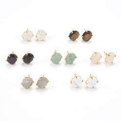 Mixed Stone Natural & Synthetic Gemstone Stud Earrings, with Golden Tone Brass Findings, Faceted Oval, 14~14.5x11mm, Pin: 0.8mm
