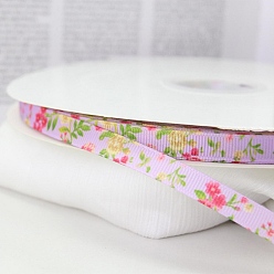 Purple Printed Polyester Grosgrain Ribbon, Flower Pattern, for DIY Craft Sewing Accessories, Purple, 3/8 inch(10mm), about 100.00 Yards(91.44m)/Roll