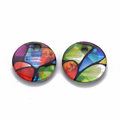 Colorful Printed Freshwater Shell Charms, Flat Round, Colorful, 12.5x1~2.5mm, Hole: 1.4~1.6mm