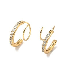 Real 18K Gold Plated 304 Stainless Steel Rhinestone Stud Earrings, Half Hoop Earrings, Real 18K Gold Plated, 16x2.5mm