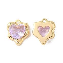 Lilac Brass Micro Pave Cubic Zirconia Charms, Heart Charm, Real 18K Gold Plated, Lilac, 13x11x4.5mm, Hole: 1.2mm