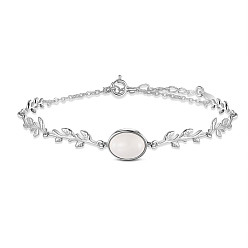 Platinum SHEGRACE 925 Sterling Silver Link Bracelets, with Oval Natural Chalcedony and Spring Ring Clasps, Leafy Branches, Platinum, 16cm(6-1/4 inch)