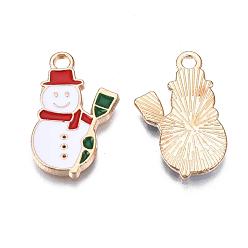 Creamy White Alloy Enamel Pendants, Cadmium Free & Lead Free, Snowman, Christmas, Light Gold, Creamy White, 22x13x2mm, Hole: 1.5mm