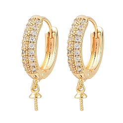 Golden Brass Micro Pave Clear Cubic Zirconia Huggie Hoop Earring Findings, for Half Drilled Beads, Rack Plating, Long-lasting Plated, Golden, 22x15.5x3.5mm, Pin: 0.8mm