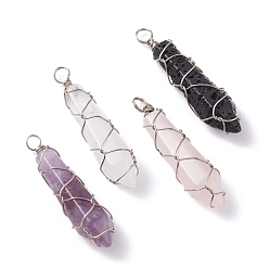Mixed Stone Natural Mixed Gemstone Pointed Pendants, with Platinum Tone Copper Wire Wrapped, Faceted Bullet Charm, 37~40.5x9~9.5x9mm, Hole: 2.5~3.5mm