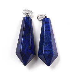 Lapis Lazuli Natural Lapis Lazuli Pointed Pendants, with Platinum Plated Brass Loops, Bullet, 35.3~38x13~14mm, Hole: 6.5x2.8mm
