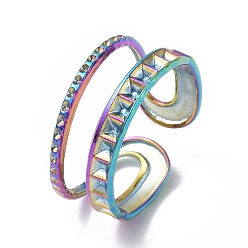 Rainbow Color 304 Stainless Steel Open Cuff Ring Finding, Ring Settings, Double Line, Rainbow Color, Inner Diameter: 17mm, Fit for 0.9mm and 2mm