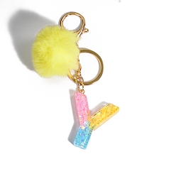 Letter Y Resin Keychains, Pom Pom Ball Keychain, with KC Gold Tone Plated Iron Findings, Letter.Y, 11.2x1.2~5.7cm