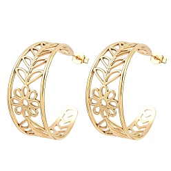 Golden 304 Stainless Steel Flower with Leaf Stud Earrings for Women, Half Hoop Earrings, Ion Plating(IP), Golden, 34x15mm