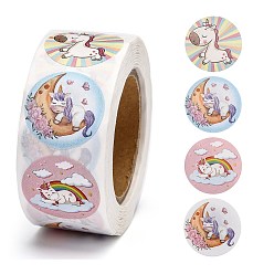 Unicorn Children Cartoon Stickers, Adhesive Labels Roll Stickers, Gift Tag, for Envelopes, Party, Presents Decoration, Flat Round, Colorful, Horse Pattern, 25mm, about 500pcs/roll