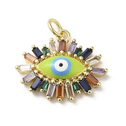 Yellow Green Brass Enamel Pendants, with Glass and Jump Ring, Real 18K Gold Plated, Evil Eye Charm, Yellow Green, 17x20.5x5mm, Hole: 3.5mm