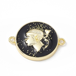 Black Rack Plating Brass Enamel Connector Charms, Flat Round Links with Boy, Real 18K Gold Plated, with Glitter Powder, Long-Lasting Plated, Lead Free & Cadmium Free, Black, 17x22x4mm, Hole: 1.6mm