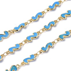 Deep Sky Blue Handmade Alloy Enamel S Shape Link Chains, with Spool, Soldered, Long-Lasting Plated, Lead Free & Cadmium Free, Golden, Deep Sky Blue, 13x5x2mm, about 16.4 Feet(5m)/roll