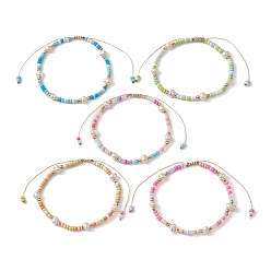 Mixed Color Natural Pearl & Glass Seed Braided Bead Bracelet, Nylon Adjustable Bracelet, Mixed Color, Inner Diameter: 1-7/8~3-1/8 inch(4.7~8cm)