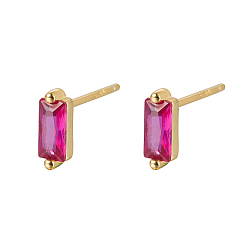 Fuchsia Cubic Zirconia Rectangle Stud Earrings, Golden 925 Sterling Silver Post Earrings, with 925 Stamp, Fuchsia, 7.8x3mm