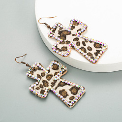off-white Bold Cross-Printed Double-Sided Leather Leopard Earrings with Long Length and Full Diamonds - Retro Statement Jewelry