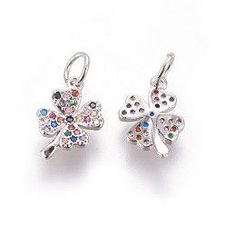 Platinum Brass Micro Pave Cubic Zirconia Charms, Four Leaf Clover, Colorful, Platinum, 12x8x2.5mm, Hole: 3mm