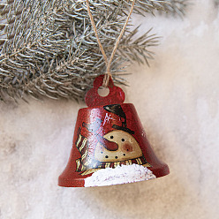 Dark Red Iron Bell with Snowman Pattern Pendant Decorations, for Christmas Tree Hanging Ornaments, Dark Red, 80x75mm