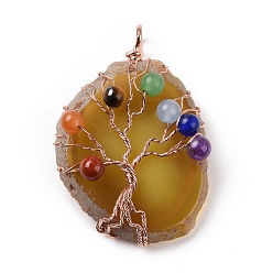 Goldenrod Natural Agate Big Pendants, with Rack Plating Brass Wires, Chakra Gemstone Beads, Cadmium Free & Lead Free, Dyed & Heated, Nuggets with Tree, Rose Gold, Goldenrod, 58~62x37~47x13~14mm, Hole: 4~6mm
