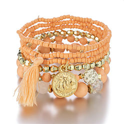 Warm color B0055-17 Multi-layered Pearl Bracelet with Coin Charm and Tassel Detail