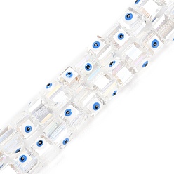 White Transparent Glass Beads Strands, with Enamel, AB Color Plated, Square with Evil Eye, White, 6~6.5x8~9x6.5~7mm, Hole: 1.6mm, about 50pcs/strand, 12.80~12.99''(32.5~33cm).