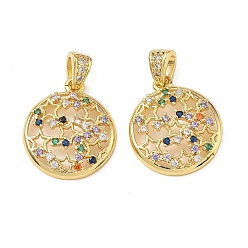 Golden Brass Micro Pave Colorful Cubic Zirconia Pendants, Flat Round with Star Charms, Golden, 21.5x19x4mm, Hole: 5x3.5mm
