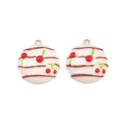 Real 18K Gold Plated Brass Enamel Pendants, Round with Cherry Charms, Real 18K Gold Plated, 17x16x6.5mm, Hole: 1.3mm