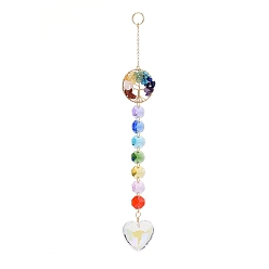 Heart Natural & Synthetic Mixed Gemstone Tree with Glass Window Hanging Suncatchers, Golden Brass Tassel Pendants Decorations Ornaments, Heart, 245mm