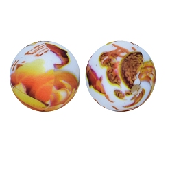 Orange Round with Fish Print Pattern Food Grade Silicone Beads, Silicone Teething Beads, Orange, 15mm