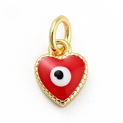 Red Rack Plating Brass Enamel Charms, with Jump Rings, Cadmium Free & Lead Free, Real 18K Gold Plated, Heart with Evil Eye, Red, 9x7x2.6mm, Hole: 3mm