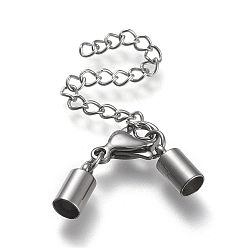 Stainless Steel Color 304 Stainless Steel Chain Extender, with Cord Ends, Curb Chains and Lobster Claw Clasps, Stainless Steel Color, 35mm long, Cord Ends: 9.5x4.5mm, 4mm inner diameter
