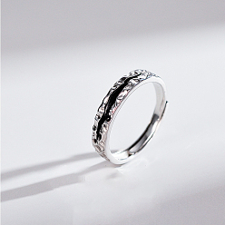 Black 925 Sterling Silver Wave Adjustable Ring with Enamel for Men Women, Black, 4mm, US Size 8(18.1mm)