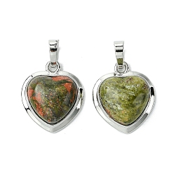 Унакит Природные подвески Unakite, подвески-сердечки со стойкой, фурнитура из латуни с платиновым покрытием, без кадмия и без свинца, без кадмия и без свинца, 23x19.5x8~9 мм, отверстие : 7x5 мм
