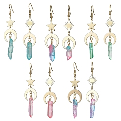 Quartz Crystal Moon & Star & Sun Brass Asymmetrical Earrings, Dyed Natural Quartz Crystal Nugget Long Dangle Earrings, 67~71x18mm
