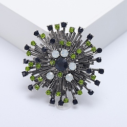 Green Flower Rhinestone Pins, Alloy Brooches for Girl Women Gift, Green, 53x53mm