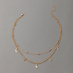 Without crystal gold Minimalist Double-layer Moon and Star Choker Necklace - Beaded Clavicle Chain