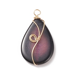 Dark Orchid Natural Crackle Agate Pendants, Golden Tone Copper Wire Wrapped Teardrop Charms, Dark Orchid, 48x27x6.5mm, Hole: 4.5mm