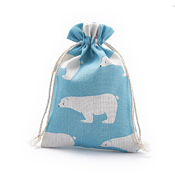 Light Sky Blue Polycotton(Polyester Cotton) Packing Pouches Drawstring Bags, with Printed White Bear, Light Sky Blue, 18x13cm