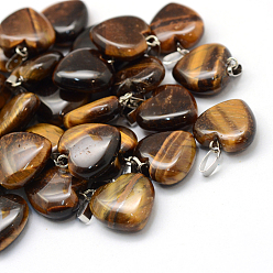 Tiger Eye Heart Natural Tiger Eye Pendants, with Platinum Tone Brass Findings, 17~19x15~16x5~8mm, Hole: 2x7mm