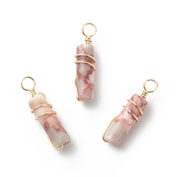 Netstone Natural Red Netstone Pendants, with Golden Tone Copper Wire Wrapped, Column Charm, 18.5~20x5~5.5mm, Hole: 2.5mm