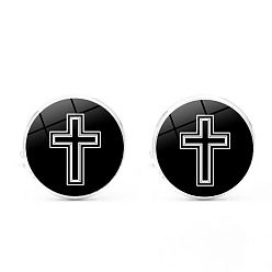 Silver Alloy Cufflinks, Flat Round with Cross, Silver, 18x17mm