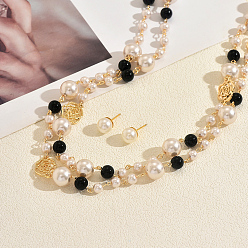 Черный Комплекты из круглых железных серег-гвоздиков и двухслойных ожерелий Rosr для женщин, с имитацией жемчуга, чёрные, ожерелья: 59.84 дюйм (152 см)