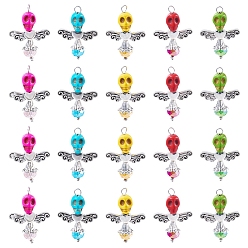 Color mezclado Colgantes de cristal y turquesa sintética con ángel calavera, con fornituras de aleación, color mezclado, 32 mm, agujero: 2.8 mm, 20 PC / sistema