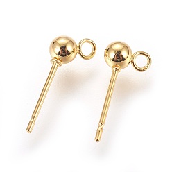 Golden 304 Stainless Steel Ball Stud Earrings Findings, with Loop, Round, Golden, 13.5~15x5.5mm, Hole: 1.6mm, Pin: 0.7mm