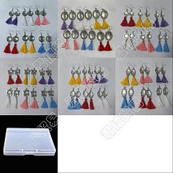 Mixed Color 6Sets 6 Style Glass with Tassel Dangle Earrings, Long Drop Earrings for Women, Mixed Shapes, Mixed Color, 70~82mm, Pin: 0.8mm, 1set/style