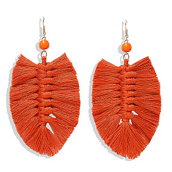Tangerine-colored tassels Boho Tassel Earrings with Handmade Knitted Thread and Alloy Accents