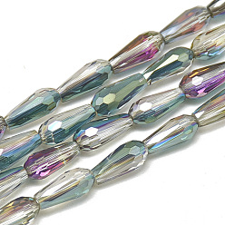 Green Electroplate Glass Beads Strands, Faceted Teardrop, Green, 9~9.5x4mm, Hole: 1mm, about 72pcs/strand, 25.98 inch