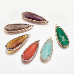 Mixed Color Brass Micro Pave Cubic Zirconia Pendants, with Faceted Glass, teardrop, Mixed Color, 45x17x5mm, Hole: 1.5mm