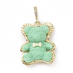 Medium Spring Green Opaque Resin Pendants, Bear with Word Smile Charm, with Brass Micro Pave Clear Cubic Zirconia, Cadmium Free & Lead Free, Real 18K Gold Plated, Medium Spring Green, 31x25x8mm, Hole: 4.5x7mm