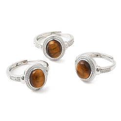 Tiger Eye Natural Tiger Eye Oval Adjustable Ring, Platinum Brass Jewelry for Women, Cadmium Free & Lead Free, 2.5~3.3mm, Inner Diameter: 18.8mm